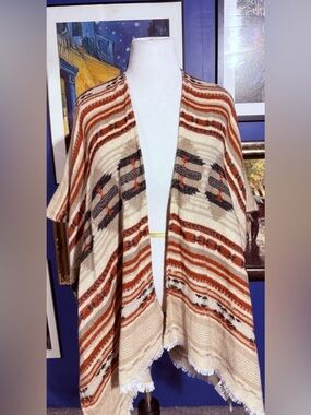 Cream & Rust Aztec Open-Front Poncho Wrap - Women's Sweater Shrug